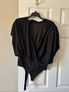 Love Black Draped Wrap Bodysuit with Gathered Shoulders